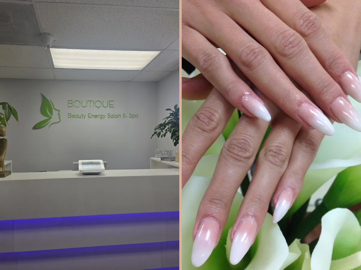 Clean, quiet salon waiting area with beverages nearby.