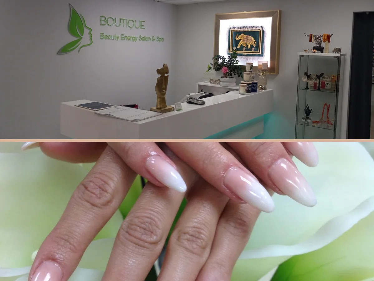 Clean, quiet salon waiting area with beverages nearby.
